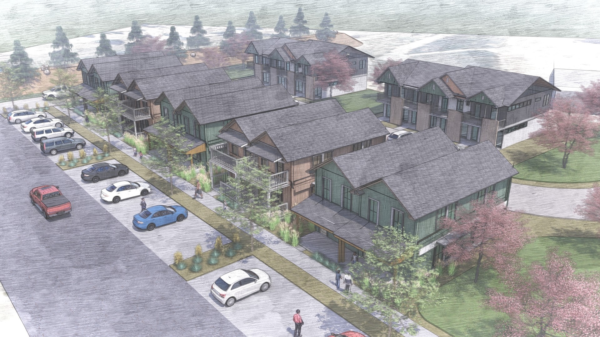 Conceptual drawing of Zanoni Parcel. Shows 5 duplexes with parking and sidewalks. Behind the duplexes is a parking lot and two multifamily units behind that.