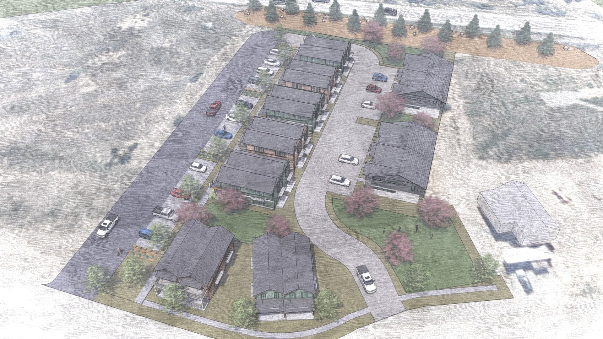 Conceptual drawing of the Zanoni Parcel from 5th street looking south. Shows 7 duplexes on the left side, a driveway and parking in the middle, and two multifamily units to the right.