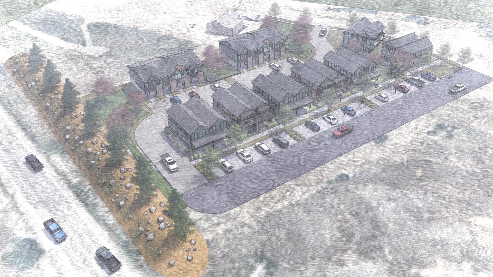 Conceptual drawing of Zanoni parcel from the perspective of highway 550, south of the property. Shows 5 duplexes parallel to eachother with 2 duplexed perpendicular to the others. Driveway and parking lot separates the duplexes from 2 multifamily units. All units are two stories. 