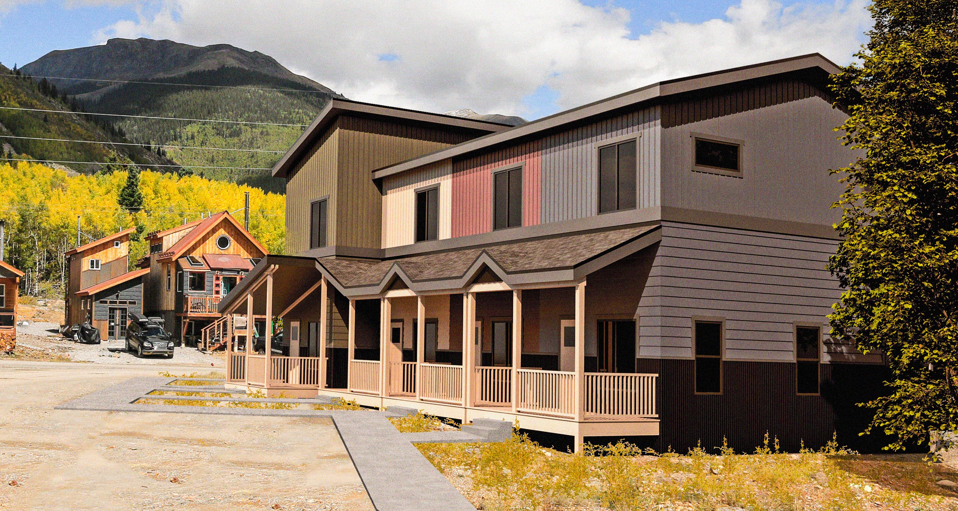  Rendering of a four-plex. The units are two-stories with front porches.