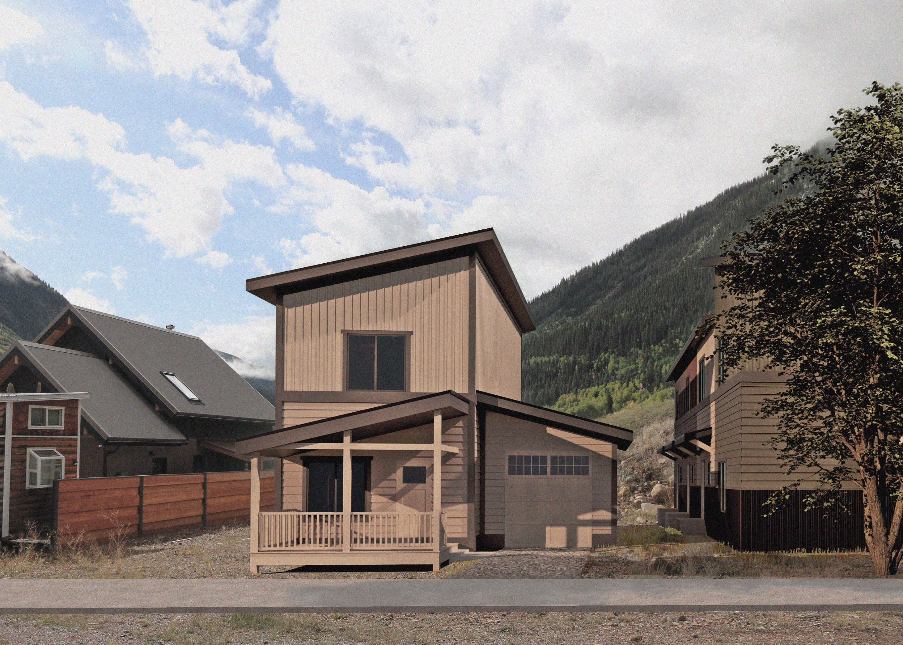 Rendering of a single-family home with an attached garage. 