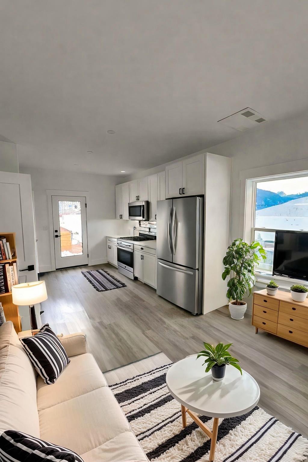 Rendering of a living room connected to a kitchen