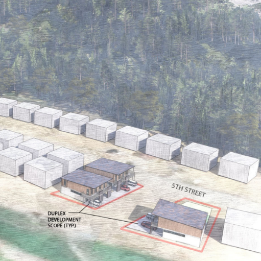 Conceptual plans of the Anvil town home project. Shows two duplexes next to eachother across the street from a single duplex unit. 5th Street is to the north. 