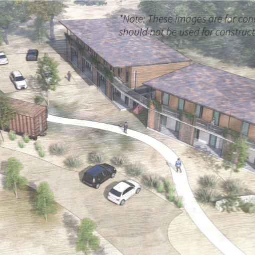 A conceptual drawing of the future Boxcar apartments. Image shows two buildings from above and the boxcar that is on property.