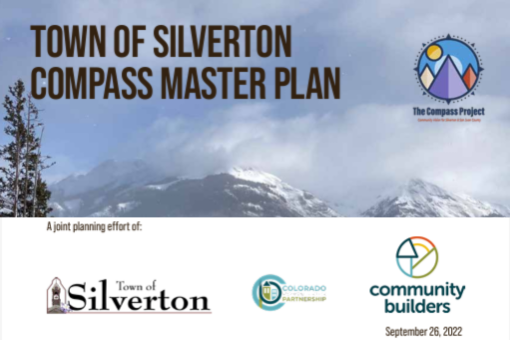 Screenshot of title page of Town of Silverton Compass Master Plan. Shows the logos of the project, Town of SIlverton, Colorado Brownfields Parternship, and Community Builders. Date September 26, 2022