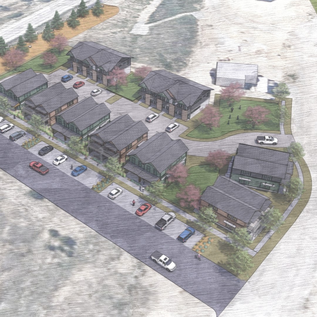 Conceptual Drawing of the future design of the Zanoni parcel. Image shows 7 duplexes and two multifamily units and two parks. 