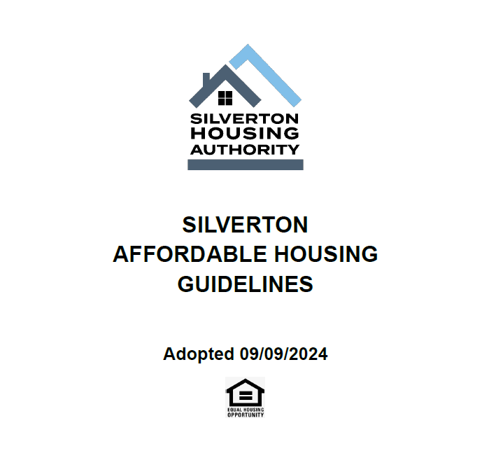 Cover page of the Silverton Housing Authority's Silverton Affordable Housing Guidelines. Adopted 9/9/24. Equal housing opportunity logo displayed.