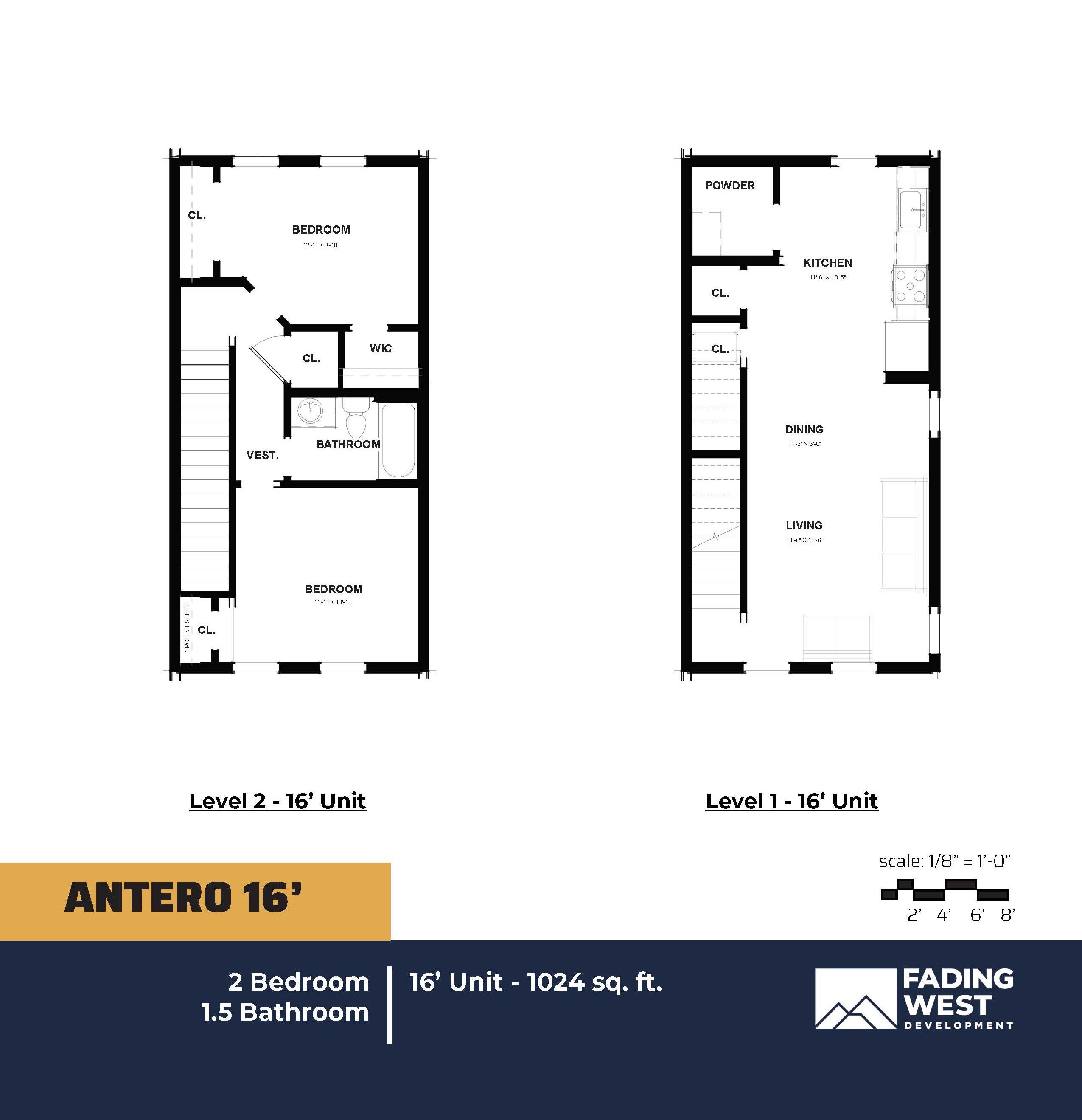 Floor plans show a living and dining room, kitchen, two closets and a power room on the first floor. There are two bedrooms, a bathroom, closet waster and dryer on the second floor.