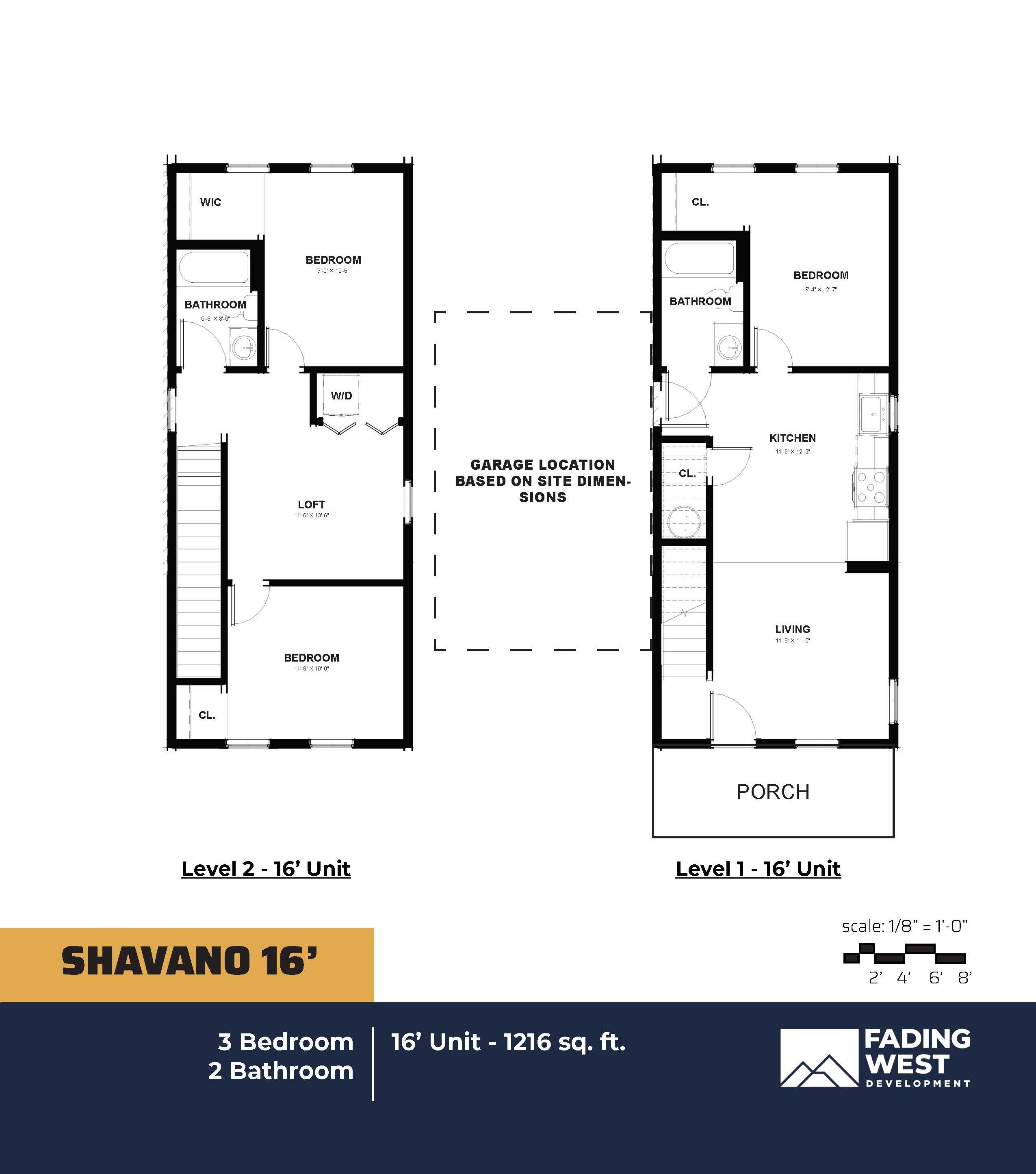 The first floor has a living room, kitchen, bedroom, bathroom and closet. The second floor has two bedrooms, one bathroom, a loft and a washer dryer. 