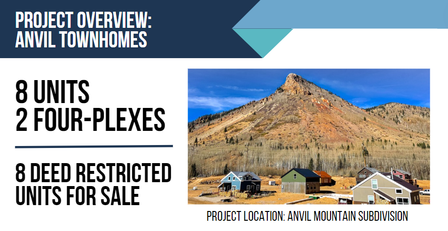 Text: Project overview of the Anvil Townhomes. 8 deed restricted units in 2 quad-plexes