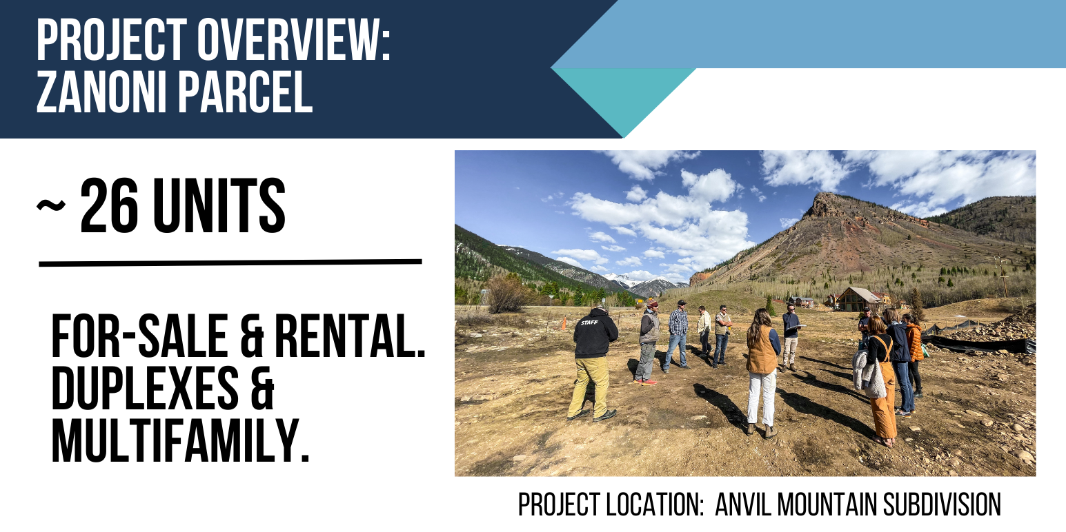 Text: Project Overview: Zanoni Parcel. Approximately 26 units. For-sale and rental. Duplexes and multifamily. Project location: anvil mountain Subdivision. Image: group of 11 people standing on dirt lot with Anvil mountain in the background.