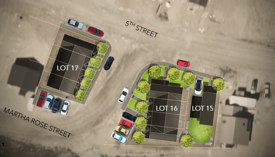 Aerial view of the Anvil Townhome Site Plan. The left side of Martha Rose has 4 units with 4 parking spaces facing. The right side of martha rose street has 4 units and 4 parking spaces. Behind those units is a single family home fronting 5th street. The rendering includes sidewalks and trees. 