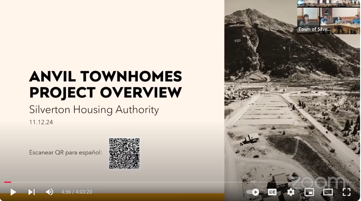 Screen shot of youtube video of the Anvil Townhomes Project Overview Silverton Housing Authority 11.12.24 Public Meeting. 