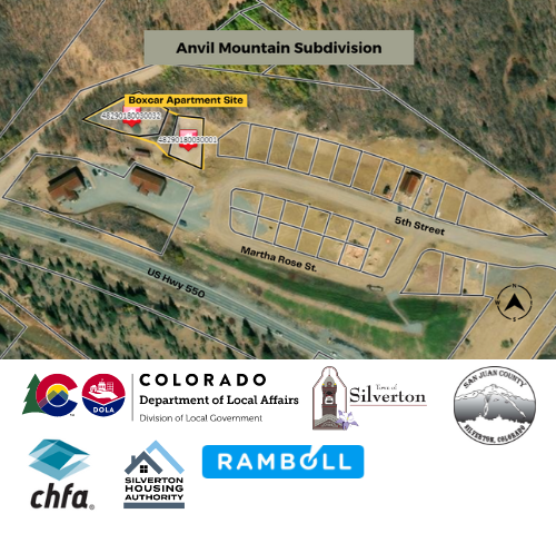 Aeiral image of Anvil Mountain Subdivision. Lots 31 and 1 are outlined in yellow demarking the Boxcar Apartment Site. Lots 31 and 1 are located at the Northwest corner of the subdivision. The Anvil Mountain Apartments are located below the site to the south. 